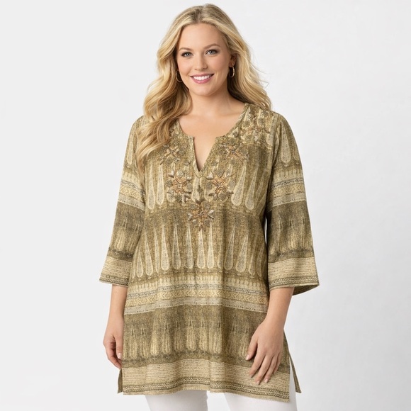 Soft Surroundings Tops - Soft Surroundings Beaded Boho Linen Blend Tunic Top 3/4 Sleeve Size Large
